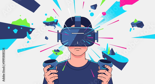 Person wearing VR headset, immersed in virtual reality with controllers