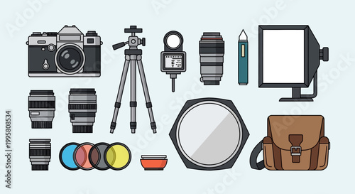 Photography Equipment Collection: Camera, Lenses, Tripod, Bag, Lighting