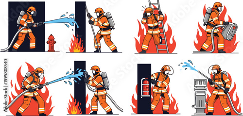 Firefighter and Rescue Team Action Icon Set Featuring Firemen Using Water Hoses Climbing Ladders and Extinguishing Flames for Emergency Service and Public Safety Graphic Design Projects