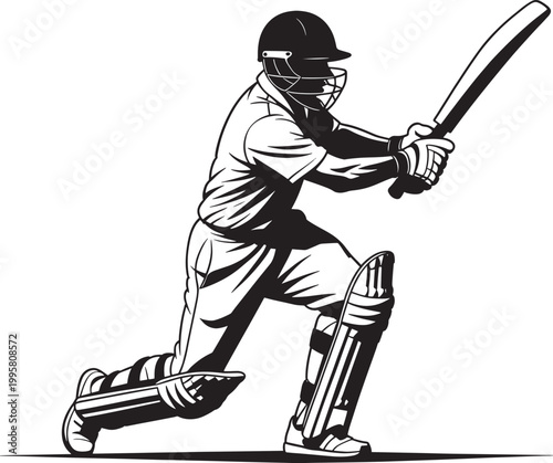 Cricket batsman action shot batting pose professional player silhouette cricket game vector graphics.