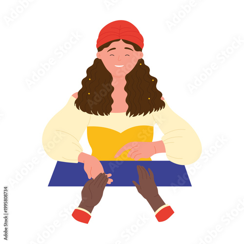 Fortune teller palmistry ritual. Fate forecasting, magic destiny prediction cartoon vector illustration