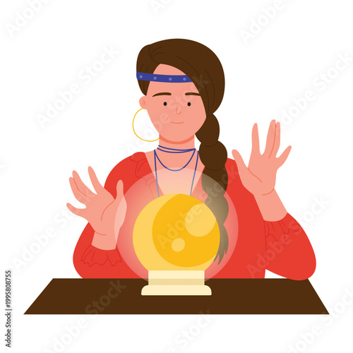 Fortune teller with crystal ball. Destiny prediction ritual, fate magic forecasting cartoon vector illustration