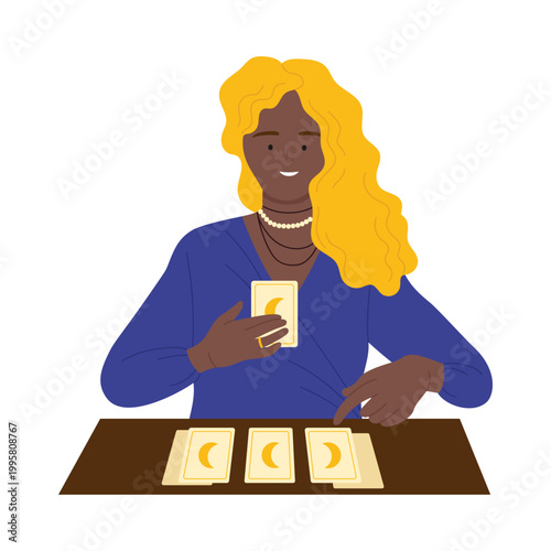 Gypsy fortune teller with tarot cards. Fortune forecasting, destiny prediction cartoon vector illustration