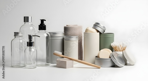 Zero Waste Bathroom Essentials on Clean Background