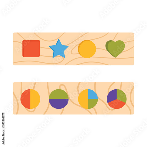 Colorful geometry shapes wooden game. Montessori educational system cartoon vector illustration