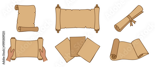 Old Paper Scroll Set Vintage Parchment Collection for Historic Design Projects. Hand drawn antique document rolls and blank manuscript pages, isolated on white background, vector illustration style el