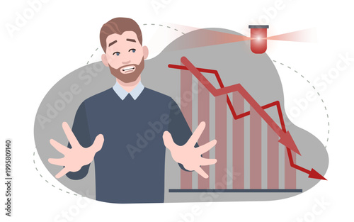 Business crisis illustration with falling chart and stressed male character person. Ideal for economic downturn, loss, risk and finance topics. Easy use for animation and motion design.