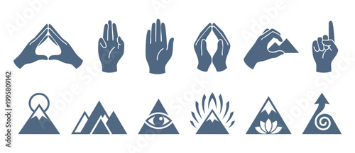 Hand Gestures and Mountain Symbols Set for Spiritual and Esoteric Design, Minimalist Icon Collection Featuring Mudras, Pyramids, and Geometric Shapes for Mystical and Mindfulness Branding Projects