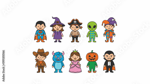 Cute kids in colorful Halloween party costumes vector illustration