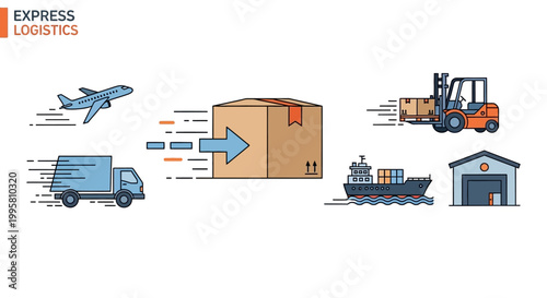 Logistics and transportation concept with various vehicles and warehouse.