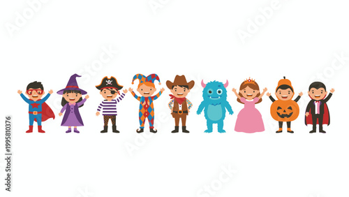 Cute kids in colorful halloween costumes standing in a row vector