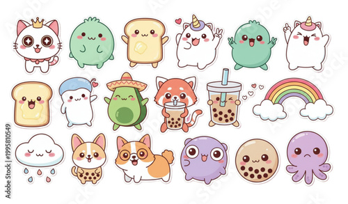 Billede på lærred Cute anime sticker pack with funny cartoon characters and animals on pink backgr