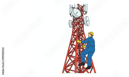 Technician Climbing Telecommunication Tower Illustration