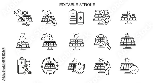 Collection of solar panel line icons.