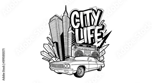 Retro City Life Graffiti Art: Classic Car, Boombox, Skyscrapers