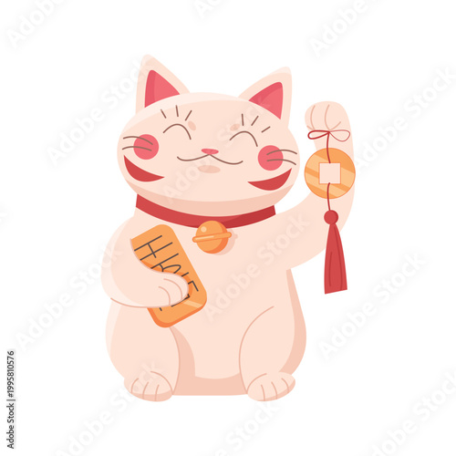 Cute japanese lucky cat. Maneki neko bringing money and happiness cartoon vector illustration