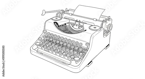 Retro typewriter with paper, line art illustration