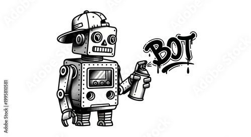 Robot Character Spray Painting Graffiti Word Bot on White Background