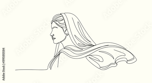 Elegant one line art illustration of a South Asian woman wearing a flowing hijab headscarf profile