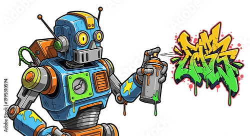 Robot spraying graffiti art, creative expression, urban culture, illustration