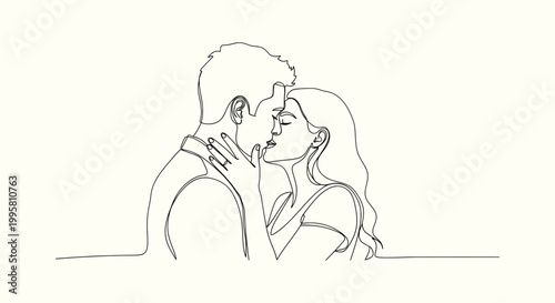 Continuous One Line Drawing of Young Romantic Couple Kissing Togetherness Minimalist Vector Design