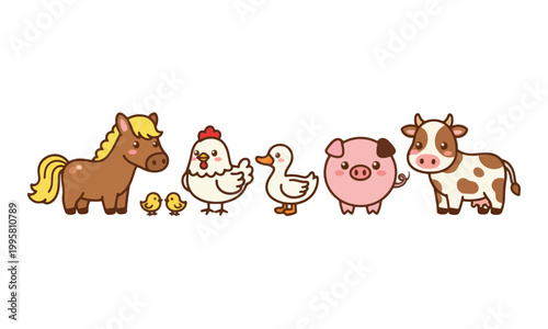 Cute Farm Animal Characters Standing Together on White Background