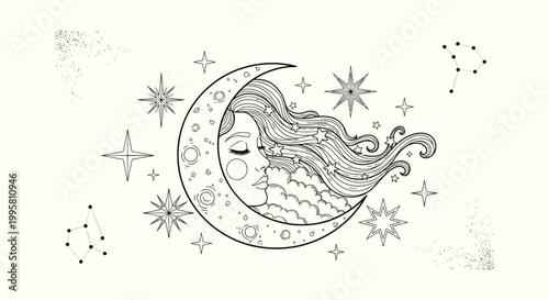 Mystical Celestial Woman Face in Crescent Moon with Stars and Constellations Line Art Illustration