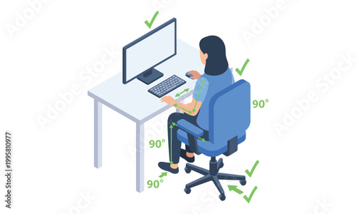 Ergonomic Sitting Posture at Computer Desk Isometric Illustration
