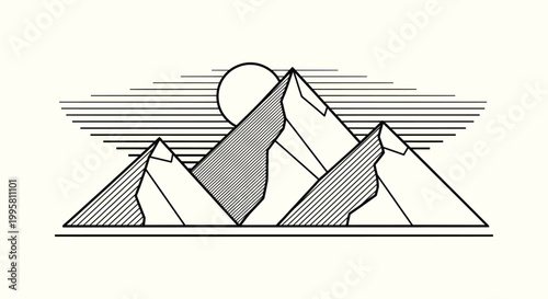Minimalist Line Art Mountain Range Illustration with Sun for Modern Outdoor Nature Graphic Design