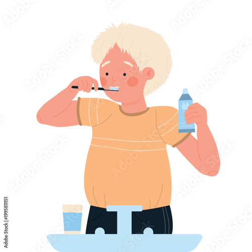 Little kid brushing his teeth. Kids hygiene morning routine, dental cleaning cartoon vector illustration