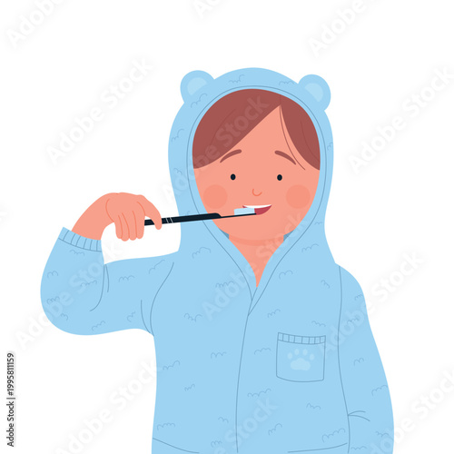 Little kid brushing teeth. Kids personal morning hygiene, dental cleaning cartoon vector illustration
