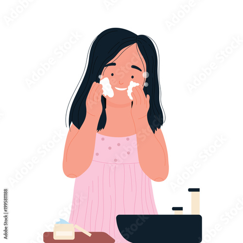 Little kid washing face. Kids morning routine, personal hygiene cartoon vector illustration