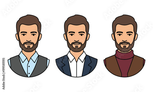 Male Avatar Collection with Beard and Various Outfits