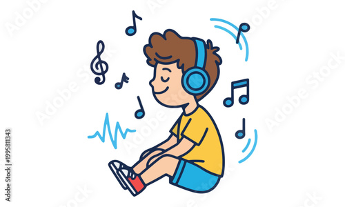 Boy Listening to Music with Headphones Illustration