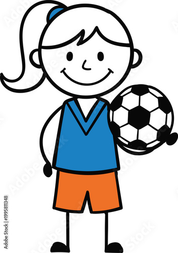 Cute Girl Soccer Player Holding Ball Cartoon Stick Figure Illustration