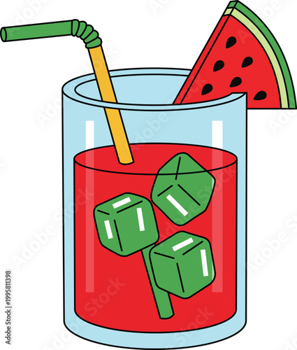 Fresh Watermelon Juice Glass with Green Ice Cubes and Straw Illustration