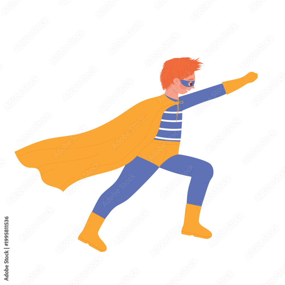 Fototapeta premium Little kid superhero with power. Children carnival clothes with cape and mask cartoon vector illustration