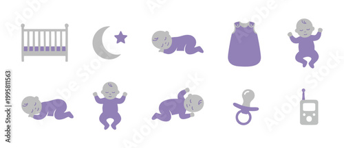 Baby Sleep Icons Set, Nursery Bedtime Symbols, Infant Care Vector Graphics, Sleeping Newborn Bedtime Routine Elements, Purple Moon Star Crib Pacifier Monitor Objects for Parenting Design Collections