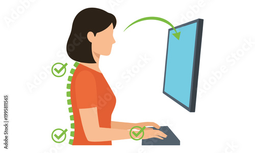 Correct Ergonomic Sitting Posture of Woman at Computer Workstation