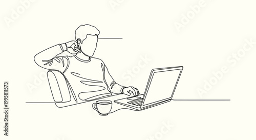 Minimalist single line art drawing of a professional man working on a laptop at a desk with coffee