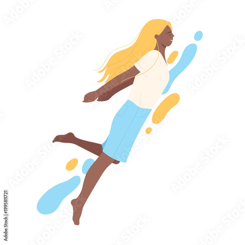 Dreaming woman soaring in the air. Feeling freedom, imaginary flight in the sky cartoon vector illustration
