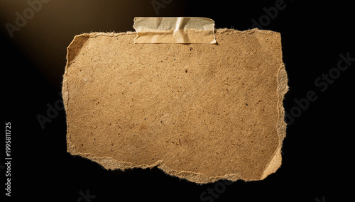 Blank weathered brown textured paper with torn edges, securely affixed by aged adhesive tape against a dark, dramatic background with subtle light