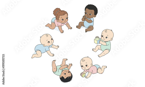Babies Playing in Circle Illustration Diverse Infants Isolated