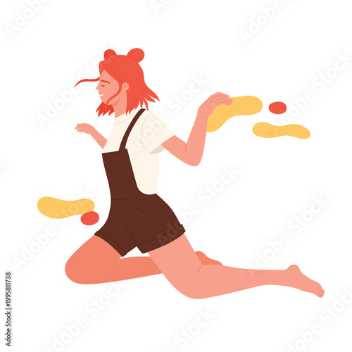 Imaginary flight of happy girl. Woman floating in the air, feeling freedom cartoon vector illustration