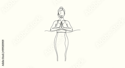 Minimalist continuous line art of a woman practicing yoga and meditation for wellness and balance.