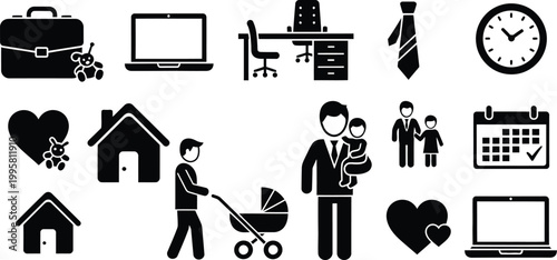 Father's Day Work Life Balance Icons with Business Dad and Family Symbols