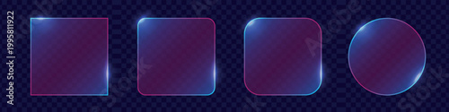 Set of four glass morphism UI elements with frosted glass effect and glowing edges. Includes square, rounded, and circle shapes on a dark checkered background for modern web design