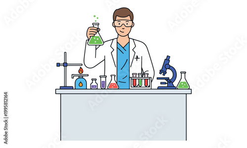 Male scientist holding chemical flask with laboratory equipment