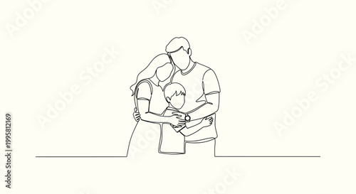 Minimalist continuous one line art of a family hugging. Mother, father and son embrace together.