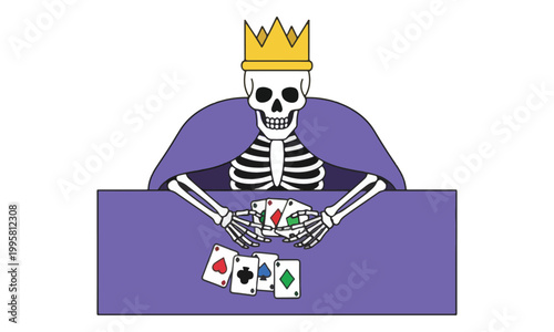 King Skeleton Gambling with Playing Cards on Purple Table